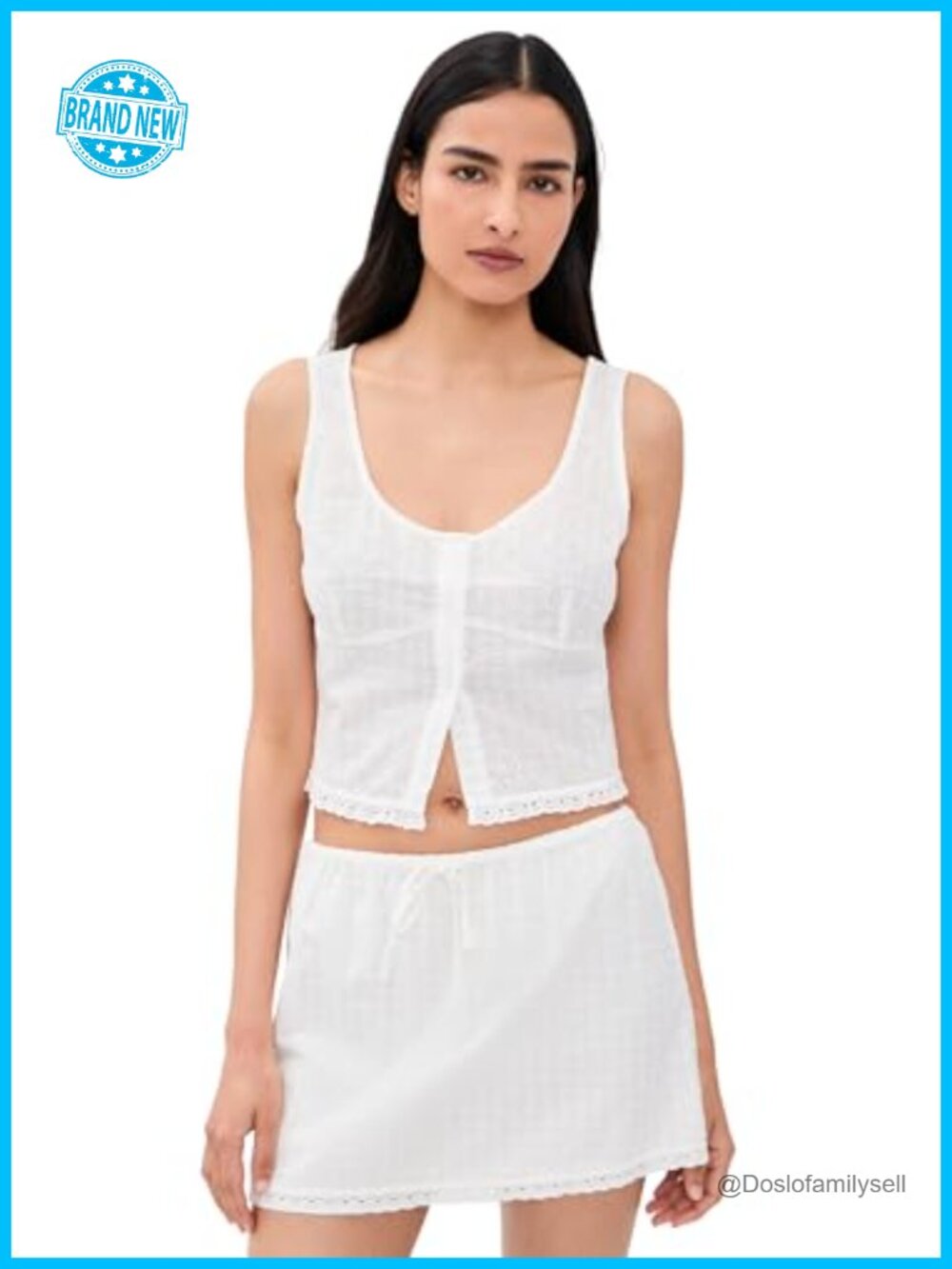 Womens Eyelet Top Scoop Neck Button Placket Ruffle Trim Sleeveless Blouse